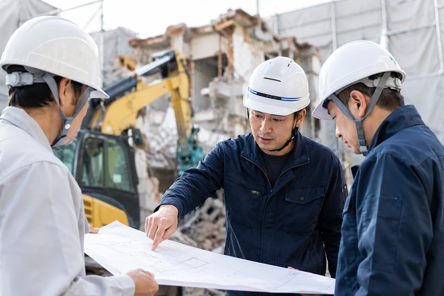 現場で図面を確認するすみれ建設のスタッフ