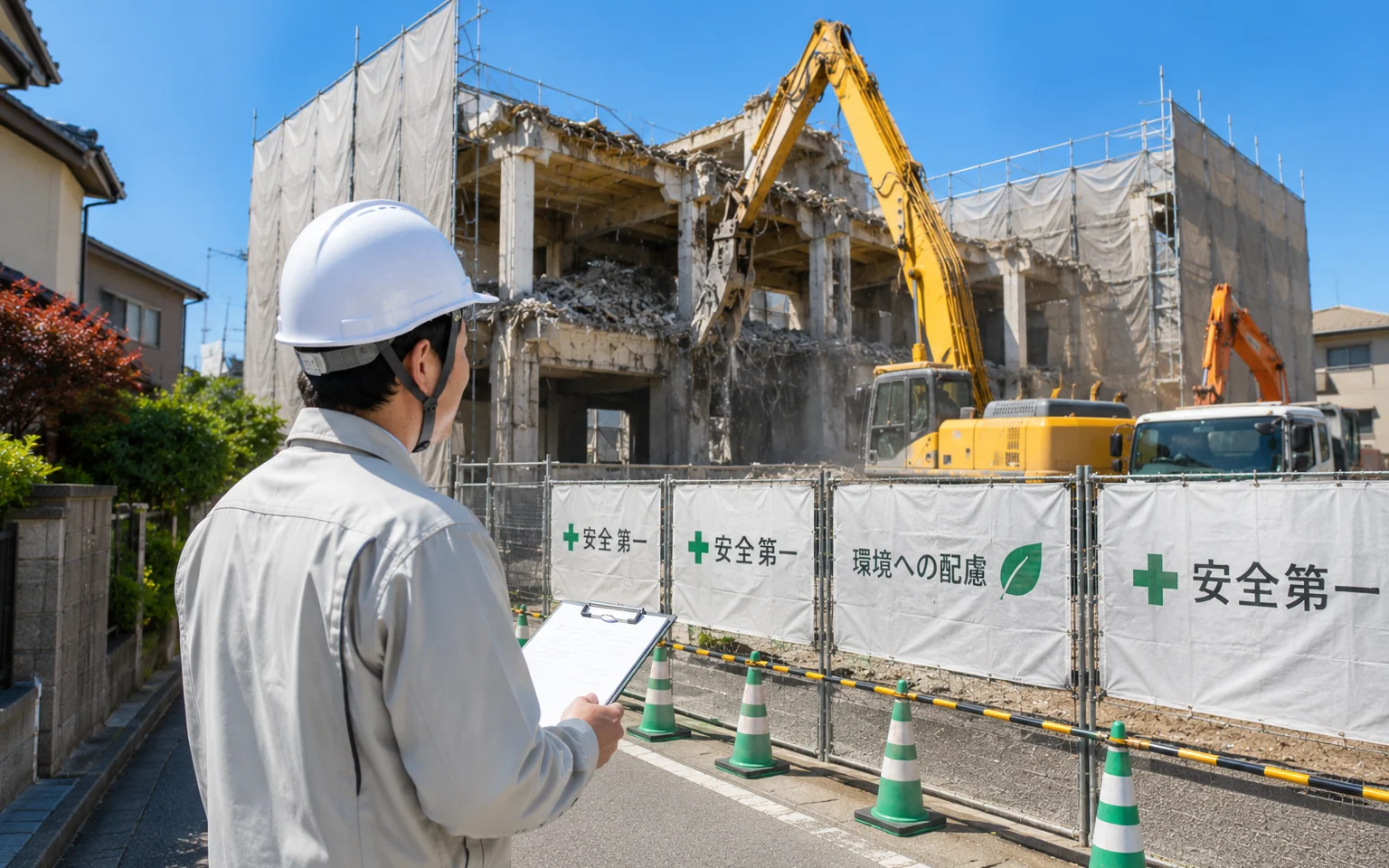 重機を使用して建物を解体している現場